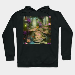 Sparkling Fantasy Cottage with Lights and Glitter Background in Forest, Scenery Nature Hoodie